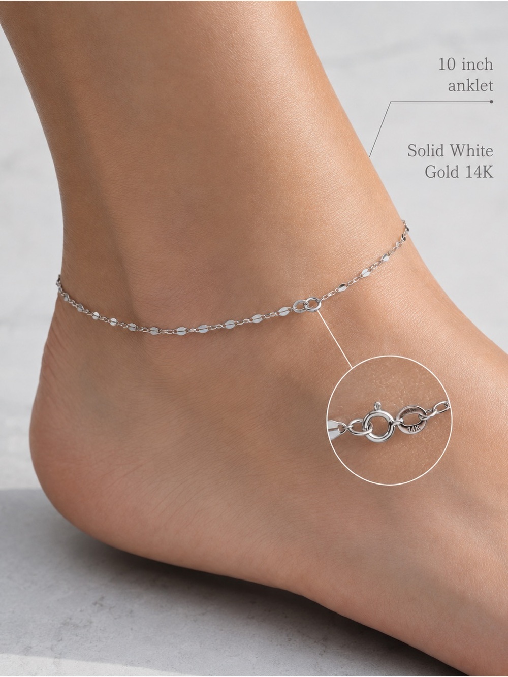 14K Solid White Gold Mirror Link Anklet 10” 1.3mm – New
